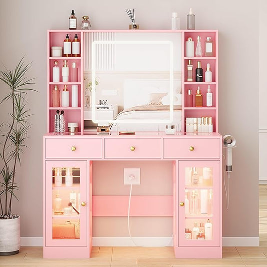 Pink Vanity Desk with Mirror and Lights, 43.4" Makeup Vanity Table Set with Lighted Mirror & RGB Glass Cabinet, 3 Drawers, Glass Top Dressing Table with Large Shelves for Girls, 3 Color Modes