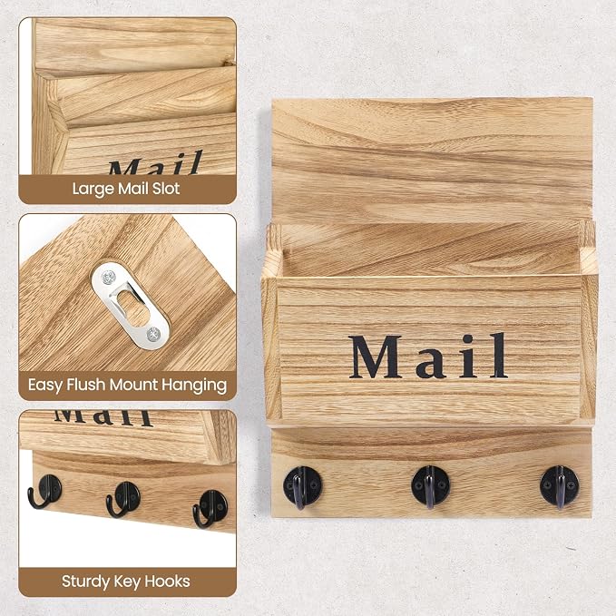 Mail and Key Holder - Decorative 8.86" x 11.42" Wall Key Hanger with 2 Mail Organizer Slots and 3 Hooks - Real Paulownia Wood with Keyhole Brackets, Hardware and Instructions (Wood)