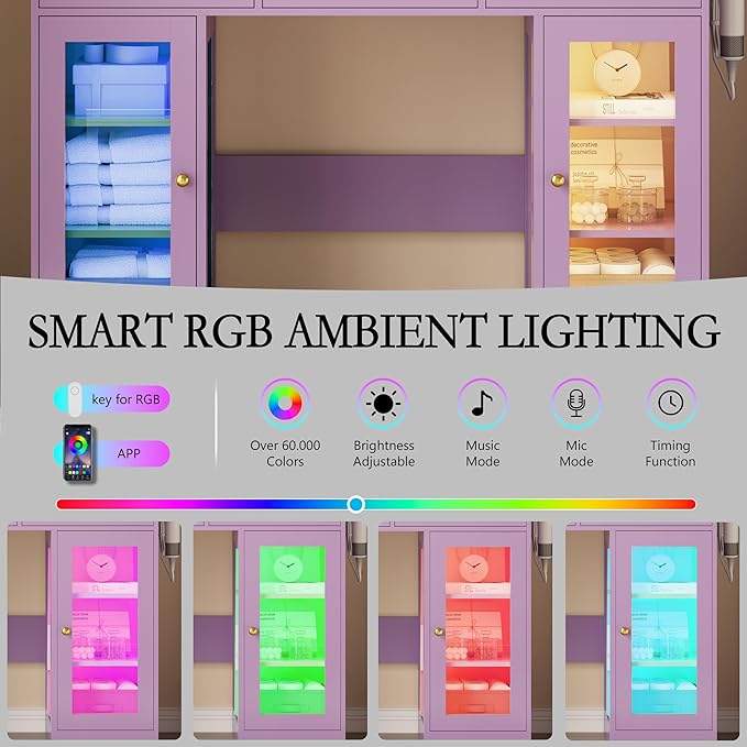 Makeup Vanity Desk with Mirror and Lights, Glass Top Vanity Table Set with Drawers & Power Outlet, Large Dressing Table with 3 Color Lighting Modes & RGB Cabinets for Women Girls Kids Bedroom, Purple