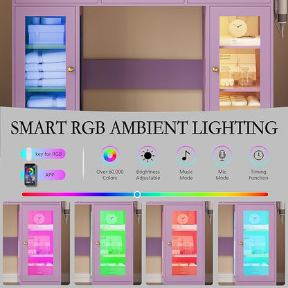 Makeup Vanity Desk with Mirror and Lights, Glass Top Vanity Table Set with Drawers & Power Outlet, Large Dressing Table with 3 Color Lighting Modes & RGB Cabinets for Women Girls Kids Bedroom, Purple