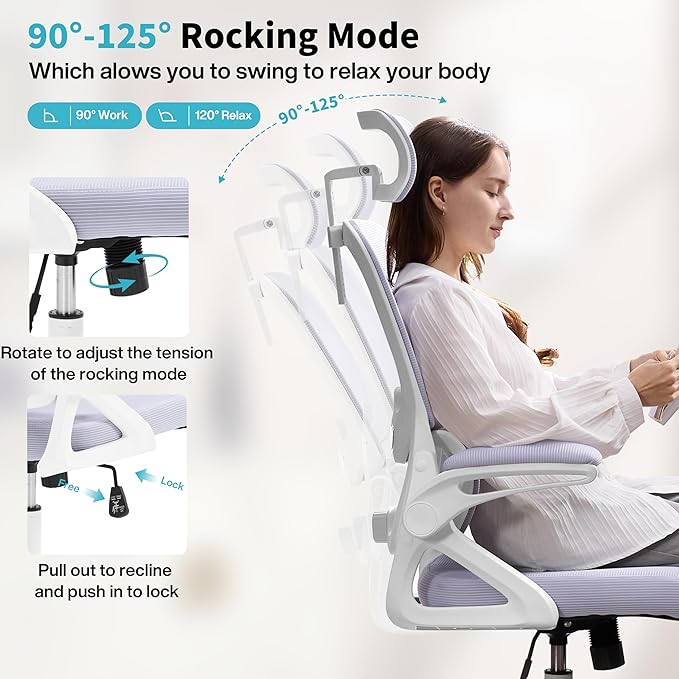 Ergonomic Office Chair,Mesh Office Chair with Lumbar Support,High Back Desk Chair with Flip-up Arms,400 lbs Big and Tall Computer Chair with Headrest,Comfy Desk Chairs (Lavender)
