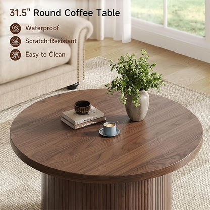 31.5" Round Coffee Table, Mid Century Modern Fluted Tambour Coffee Table, Engineered Wood Small Circle Center Table, Drum Accent Modern Living Room Table, Walnut