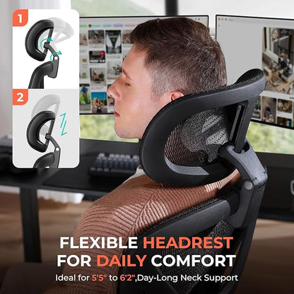 CAPOT Ergonomic Mesh Office Chair, Adjustable Lumbar High Back Desk Chair 400lbs, 4D Flip-up Arms, 3 Tilt Backrest, 3D Headrest, PU Wheels, Swivel Rolling Computer Chair for Long Desk Work - Black