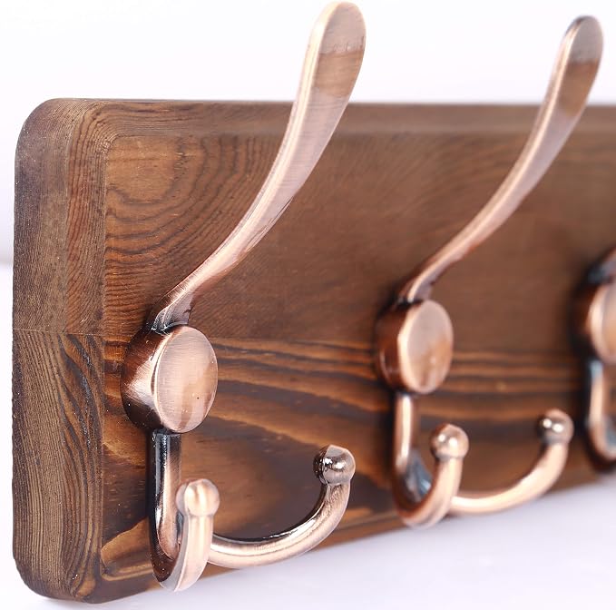 SKOLOO Rustic Pine Wood Wall Coat Rack with 5 Triple Hooks, 16" Stud Spacing, Farmhouse Wall Mounted Coat Rack for Hanging Backpack, Jacket, Hat