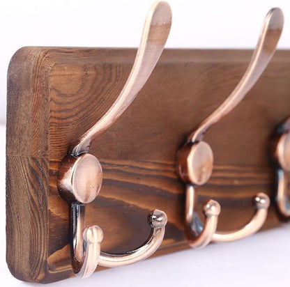 SKOLOO Coat Rack Wall Mounted - Pack of 2, Wooden, Heavy Duty, Rustic Coat Hooks for Wall, Wall Coat Rack with 5 Triple Hooks for Hanging Clothes, Jacket, Hat(Brown & Retro Red)