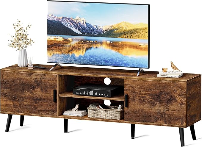 SUPERJARE TV Stand for 55 Inch TV, Entertainment Center with Adjustable Shelf, 2 Cabinets, TV Console Table, Media Console, Solid Wood Feet, Cord Holes, for Living Room, Bedroom, Rustic Brown