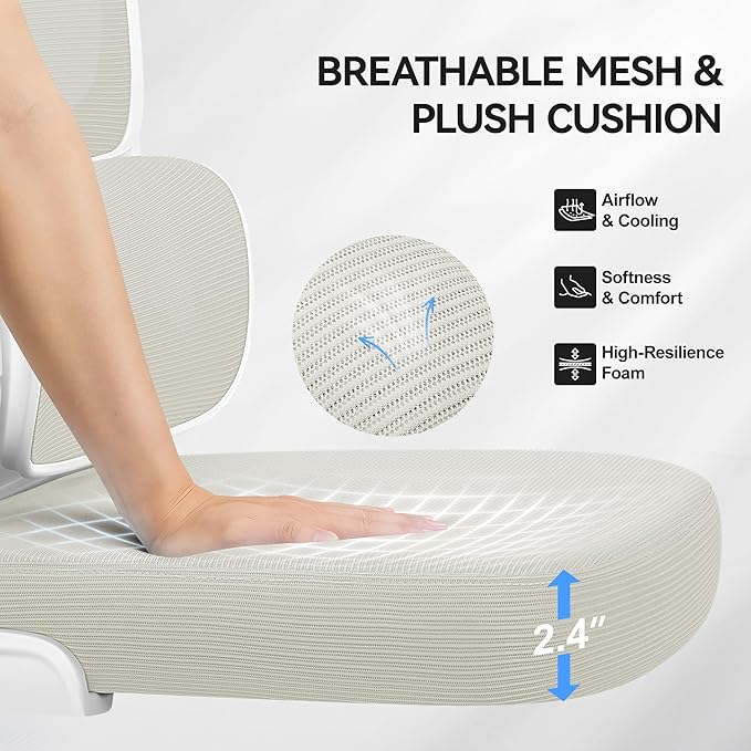 Ergonomic Office Chair, Mesh Desk Chair with Lumbar Support, High Back Home Office Chair with Adjustable Headrest and Flip-Up Arms, Comfortable Computer Chair, Thick Cushion, 300 LBS, White