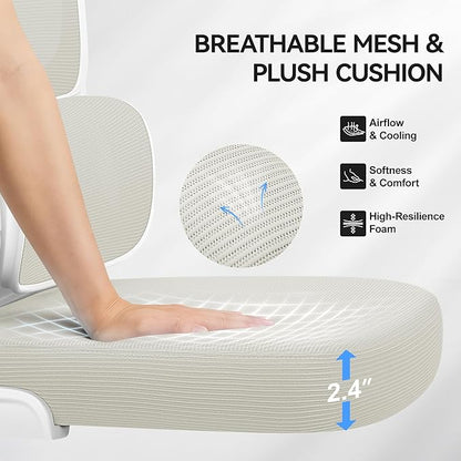 Ergonomic Office Chair, Mesh Desk Chair with Lumbar Support, High Back Home Office Chair with Adjustable Headrest and Flip-Up Arms, Comfortable Computer Chair, Thick Cushion, 300 LBS, White