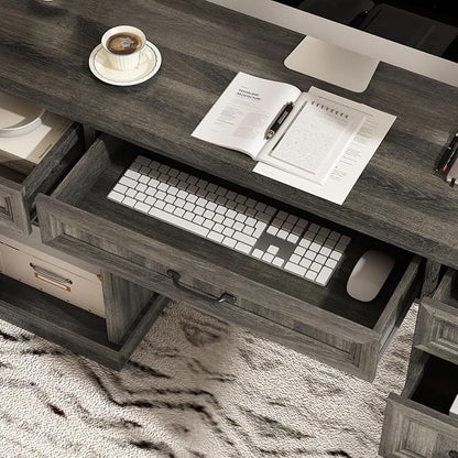 CARPETNAL 58'' Farmhouse Executive Desk with Drawers, Home Office Desk with File Drawer and Storage Cabinet, Rustic Computer Desk for Working, Studying, Writing, Grey