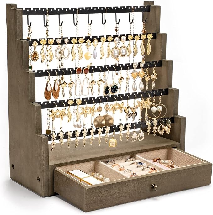 Pinzoveco Earring Organizer, 5 Layer Earring Holder Organizer with Necklace Holder Pole, Rustic Wood Jewelry Organizer Stand Display for Stud Earring Bracelet Necklace Ring, 175 Earring Holes