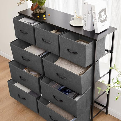 Sweetcrispy 9 Drawer Fabric Dresser Tall Chest Storage Organizer Tower with Cabinet Metal Frame and Wood Top Lightweight Closet Furniture for Bedroom, Charcoal Grey