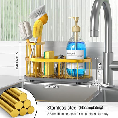 HOKEMOM Gold Sponge Holder for Kitchen Sink,Sink caddy organizer - 2.6mm Thick 304 Stainless Steel Caddy with Rust-Proof Coating, Non-Slip No-Drain Base. Dimensions: 9.84" x 4.72" x 5.83"