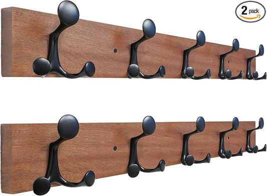 SKOLOO 30-Inch Wood Coat Rack Wall Mount with 5 Triple Hooks - Ideal for Family Entrances, Classrooms, and Pet Supplies Storage - Perfect Coat Hooks for Wall,Mahogany (Sapele), Pack of 2