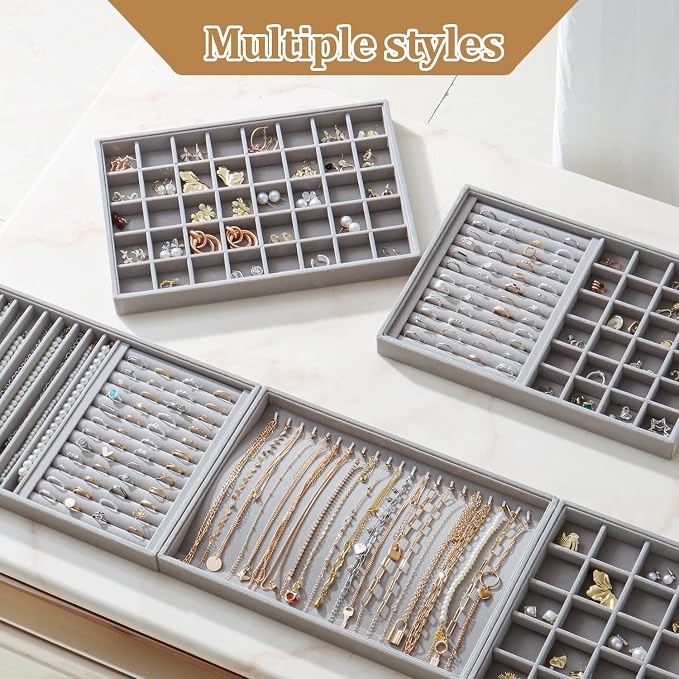 Large Velvet Jewelry Tray 2 Pack Stackable Jewelry Display Drawer Inserts Trays Organizer for Earring Bracelet Necklace Ring (Gray, 35 Grids)