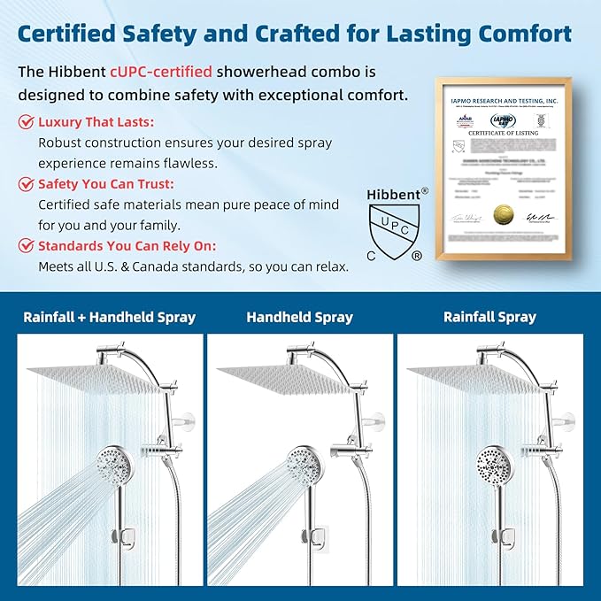 Hibbent All Metal cUPC Certified Shower Head, 12'' High Pressure Rainfall Shower Head, Handheld Showerhead Combo with 16'' Adjustable Extension Arm, 10 Sprays, 71'' Hose, Showerhead Holder, Chrome