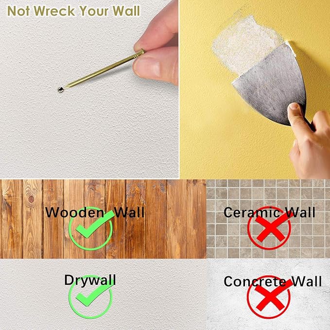 Picture Hangers, Extra Thick, 20 lb, for Decorative Drywall & Plaster Walls - Small Nails for Painting, Frame Hooks to Hang for Hanging, 60 pcs, Gold