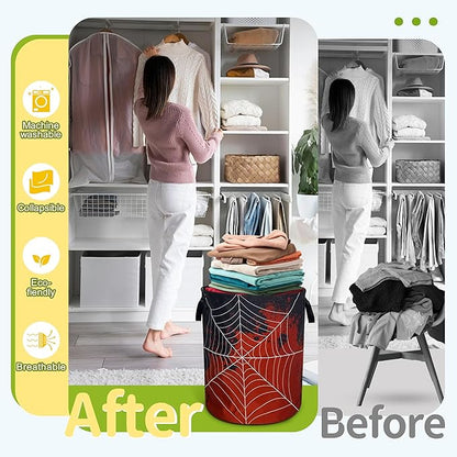 Spider Web Laundry Basket Funny Blood Splatter Foldable Waterproof Oxford Cloth Tote Bag Laundry Hamper Round Large Clothes Storage Bucket Organizer For Bathroom/Laundry Storage/Bedroom 18.9x16.5 Inch