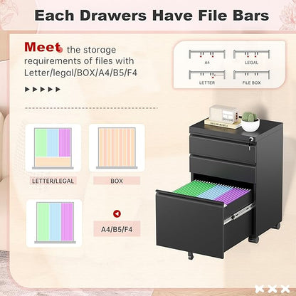 Superday Black File Cabinet 3 Drawer, Fully Assemble Metal Rolling Vertical Filing Cabinet with Wheels, Small Under Desk File Cabinets for Home Office