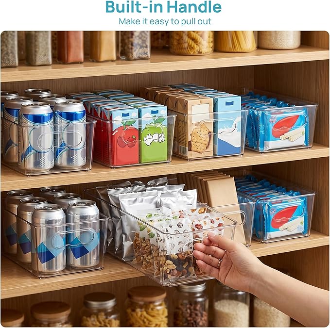 Vtopmart 4pcs Clear Organizers and Storage Bins, Plastic Storage Containers with Handles for Fridge, Freezer, Pantry, Cabinet, Kitchen Organization