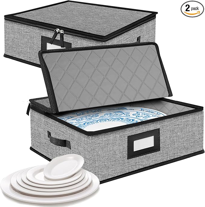 Quilted Platter Storage Case 2PACK-Fine China Storage Containers Hard Shell for Organizing,Stackable Plate Storage Containers with 8 Felt Dividers,dinnerware Storage,Moving Box,Moving Supplies