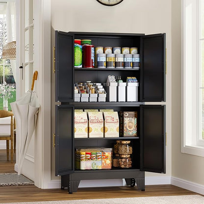 GAIOUS 47.25" Metal Storage Cabinet, Black Kitchen Food Storage with 4 Door and 2 Adjustable Shelves, Freestanding Bathroom Cabinet, Pantry for Kitchen Dinning Room, Cupboard