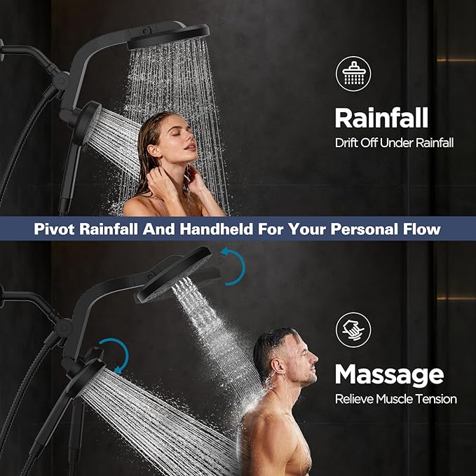 High Pressure Rain Showerhead Combo, 2026 Magnetic Shower Head Set with Detachable 8-Mode Handheld Shower Spray, Adjustable Angle Dual Showerhead System with Built-in Magnetic Docking and Power Jets