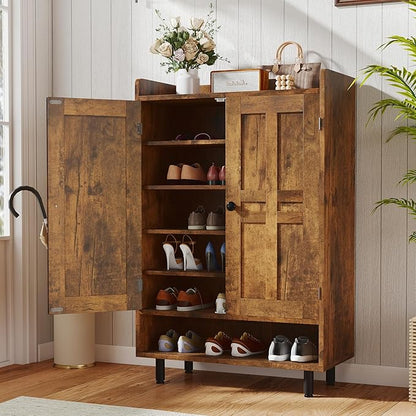 Farmhouse Shoe Cabinet with Doors, 6-Tier Wooden Shoe Organizer with Adjustable Shelves, Entryway Storage Cabinet, Rustic Shoe Storage for Entryway or Living Room (Rustic Brwon)