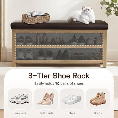 Shoe Rack Bench with Leather Cushion, 2 Tier Solid Wood Storage Bench, Mid-Century Modern Shoe Bench for Entryway, Hallway, Closet, Front Door Entrance, Foyer (Dark Brown, 46.5)