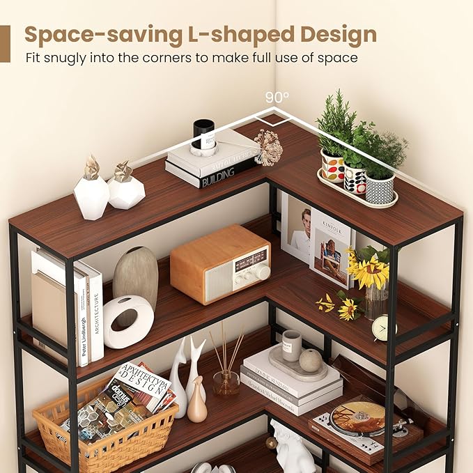 Giantex 5-Tier Corner Bookshelf, 71" L-Shaped Bookcase, Tall Etagere Bookshelf with Metal Frame, Industrial Open Display Shelf, Vertical Storage Rack for Living Room, Study, Office (Walnut)