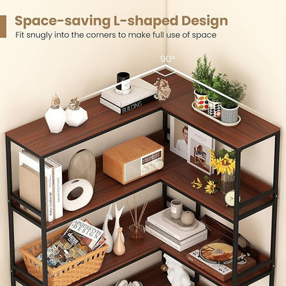 Giantex 5-Tier Corner Bookshelf, 71" L-Shaped Bookcase, Tall Etagere Bookshelf with Metal Frame, Industrial Open Display Shelf, Vertical Storage Rack for Living Room, Study, Office (Walnut)