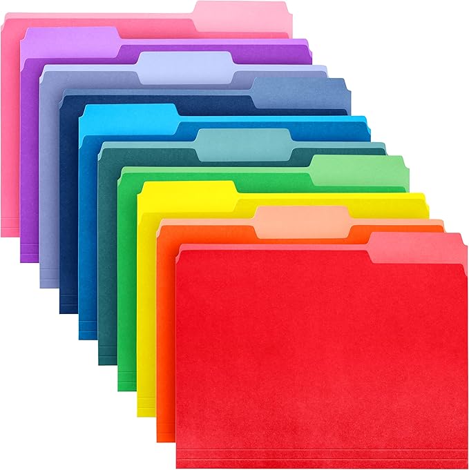 Colored File Folders Letter Size - 100-Pack Bulk, 10 Assorted Color File Folders for Documents, 1/3 Cut Tab - Office Supplies for Filing Cabinet, Desk, and File Folder Organization