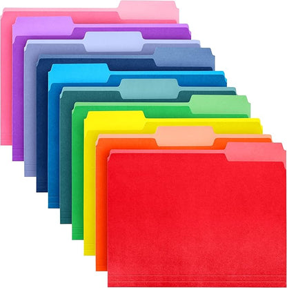 Colored File Folders Letter Size - 100-Pack Bulk, 10 Assorted Color File Folders for Documents, 1/3 Cut Tab - Office Supplies for Filing Cabinet, Desk, and File Folder Organization
