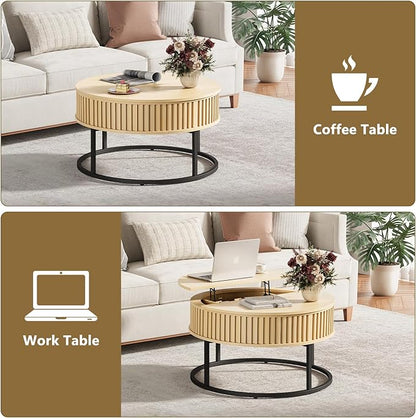 Round Coffee Table with Lift Top - Fluted Wood Center Coffee Tables for Living Room, Lifting Up for Dining, Large Hidden Circle Storage Compartment for Small Spaces, Mid Century Modern