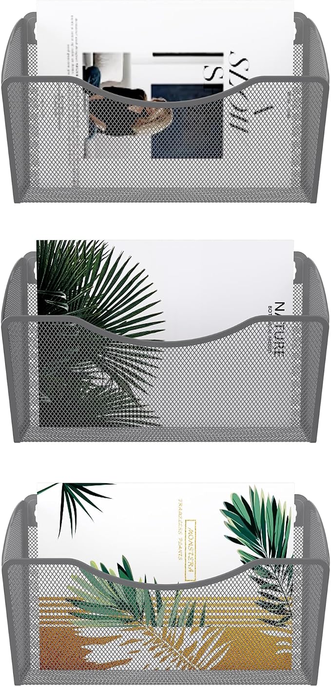 EasyPAG Wall File Organizer 3 Pack, Hanging File Organizer Wall Mount, Metal Mesh Folder Holder for Letter/A4 Papers, Mail Sorter for Office, Classroom, Home, Silver