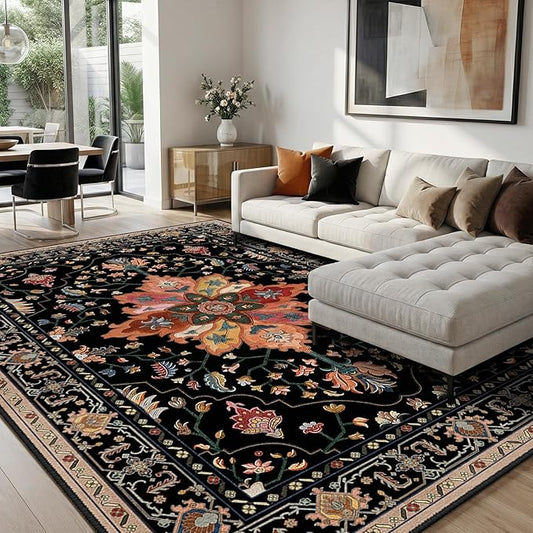 RELEANY Area Rugs 8'x10' Washable Non-Slip, Floral Vintage Distress Medallion Carpet for Living Room Bedroom Dining Room, Black Colorful Floral Dark Tan