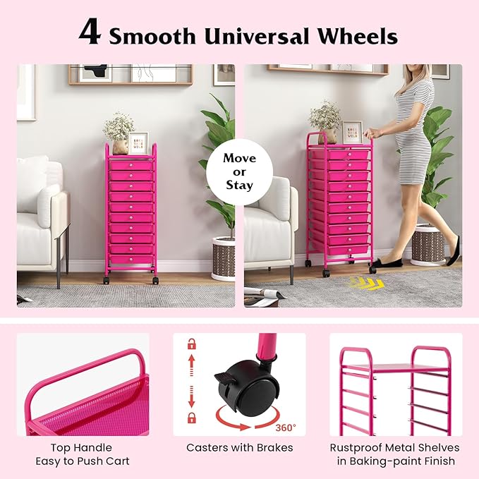 OFFICEJOY Storage Cart, Rolling Utility Cart with 10 Drawers, Portable Handles & Lockable Wheels, Mobile Paper Toys Storage Organizer Large Capacity for Home Office School Teacher (Hot Pink)