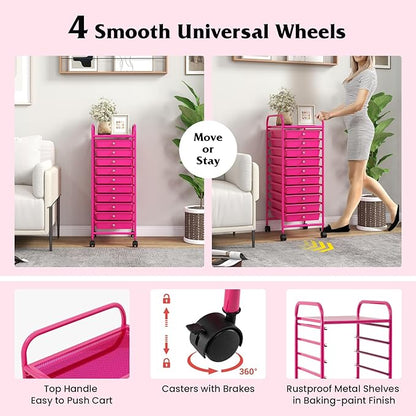 OFFICEJOY Storage Cart, Rolling Utility Cart with 10 Drawers, Portable Handles & Lockable Wheels, Mobile Paper Toys Storage Organizer Large Capacity for Home Office School Teacher (Hot Pink)
