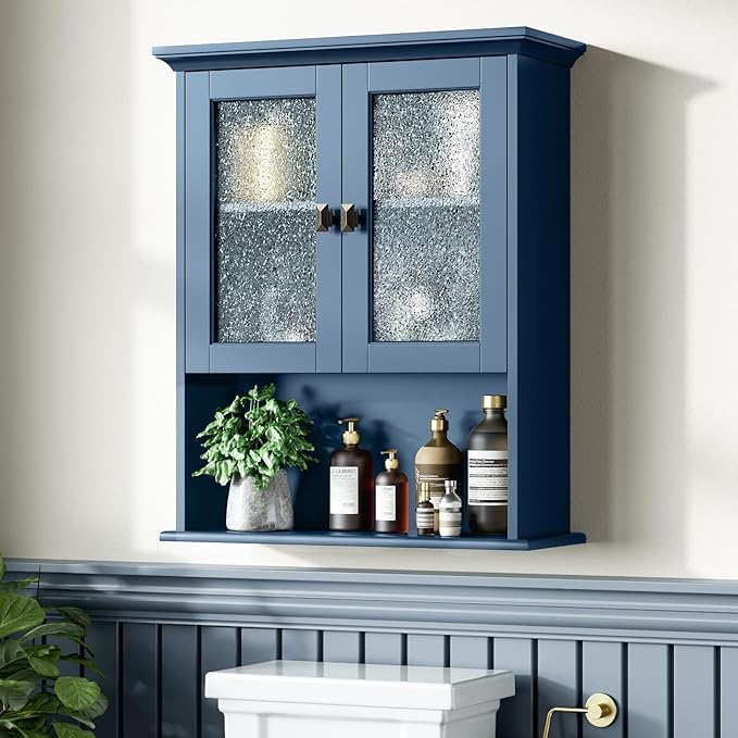 Wall Mount Bathroom Storage Cabinet, Medicine Cabinet with Tempered Glass Door and Buffering Hinge Over Toilet Storage Cabinet Wall Mounted Organizer Above Toilet Storage (Ultramarine)