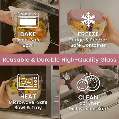 Bentgo Glass Salad Container - 7.6-Cup Salad Bowl with Airtight Lid, Leak-Proof Sauce Container, 4-Compartment Bento Tray & Reusable Fork - BPA-Free for Meal Prep, Office & More (Rose)