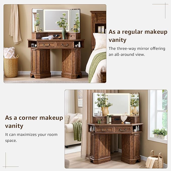 T4TREAM Makeup Vanity Desk 48" with 3 Way Mirror and Lights, Large Farmhouse Corner Vanity Dressing Table with Glass Top & Charging Station, 3 Drawers & 2 Storage Cabinets, Reclaimed Barnwood