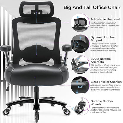 600lbs Big and Tall Office Chair- Heavy Duty Executive Computer Chair with 3D Flip Arms Large Wheels, Ergonomic Mesh High Back Desk Chair, Extra Wide Seat Adjustable Lumbar Support&Headrest