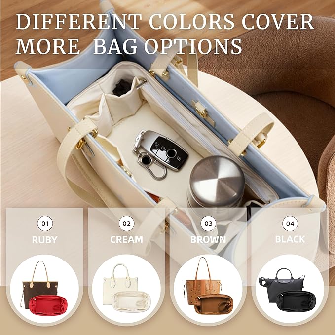 Purse Organizer Insert, Satin Tote Bag Organizer with 8 Sizes, Handbag Dividers for Inside Purse, Compatible with Longchamp, Neverful, 25C Hobo and More Bags（Large,Craie）