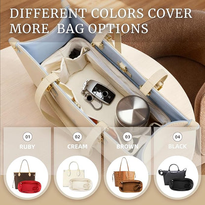 Purse Organizer Insert, Satin Tote Bag Organizer with 8 Sizes, Handbag Dividers for Inside Purse, Compatible with Longchamp, Neverful, 25C Hobo and More Bags（Slender X-Large,Craie）