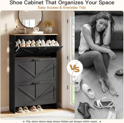 Nicetree Shoe Storage Organizer with 3 Flip Drawers, Freestanding Fluted Accent Narrow Shoe Rack, Farmhouse Shoe Cabinet with 3-Tier Adjustable Shelves for Hallway Foyer Rustic Black