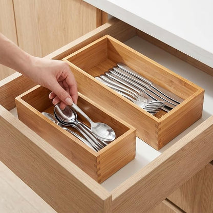 Bamboo Drawer Organizer Set, 2 Pack Multi-Size Wooden Storage Box, Natural Utensil Holder for Kitchen Flatware Silverware, Bathroom, Office Desk, Makeup and Cooking Tools
