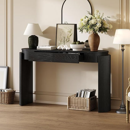 LKTART 55" Sofa Table with Oval Top and 2 Drawers, Entryway Console Table with Fluted Design for Hallway,Foyer,Entry and Living Room (Easy Assembled-Black)