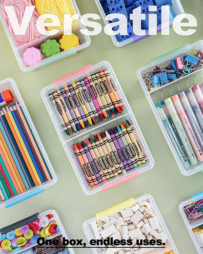 GEOPHIA 12 Pack Extra Large Pencil Box with Removable Divider, Thickened Pencil Case Bulk, Clear Crayon Marker Organizer Stackable Plastic Small Storage Containers for Pen Craft School Supplies, Multi