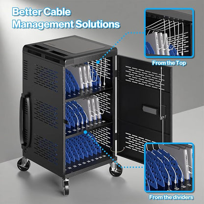 4 Pack | Fully Assembled 30 Bay Multi Device Charging Station for Chromebook,iPad,14'' Laptop,Pre Built Computer Charging Cart with Charger Cable Management,Circuit Breaker,Grounding Protection(Black)