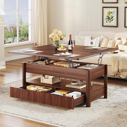 HUAHUU 40" Lift Top Coffee Table, 4 in 1 Square Coffee Table with Storage Shelf & 2 Drawers, Modern Coffee Tables with Lift Tabletop, Converts to Dining Table for Living Room, Home Office, Walnut