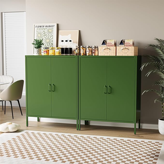 COFaR Forest Green Metal Cabinet, 40” Kitchen Pantry & Coffee Bar Cabinet, 3-Tier Adjustable Shelf Organizer with Magnetic Doors, Rustic Modern Sideboard for Dining Room, Home Office